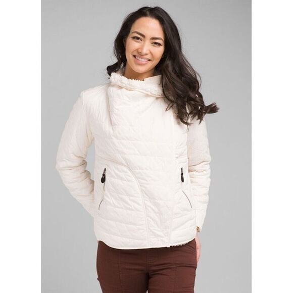 Prana Jackets & Blazers - PRANA Womens Sherpa Fleece Lined Diva Puffer Jacket Asymmetric Zip Ivory LARGE